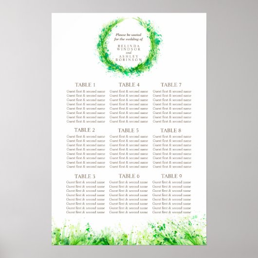 Greenery Wedding Table Planner 1-9 Tische Poster (Vorne)