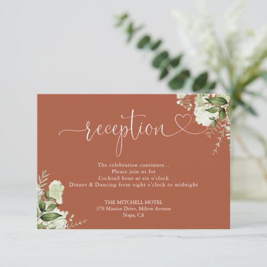 Greenery Wedding Terracotta Herz-Script-Empfang Begleitkarte (Stehend Vorderseite)