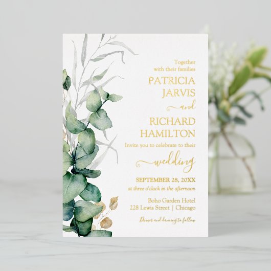Greenery Wedding Watercolor Eucalyptus Folieneinladung (Stehend vorne)
