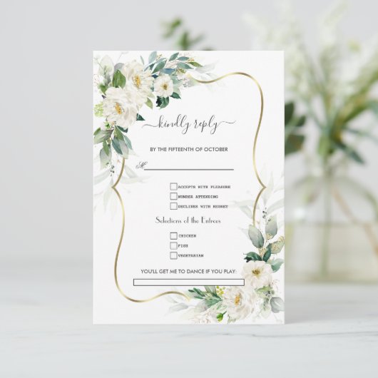 Greenery White Blume Gold Song Anfrage Hochzeit RSVP Karte (Stehend Vorderseite)