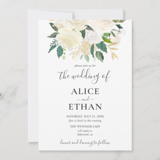 Greenery White Blume Script Wedding Einladung (Vorderseite)