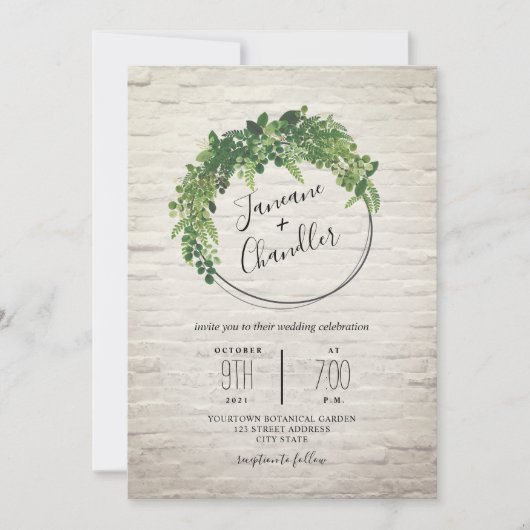 Greenery White Brick Circle Wedding Einladung (Vorderseite)
