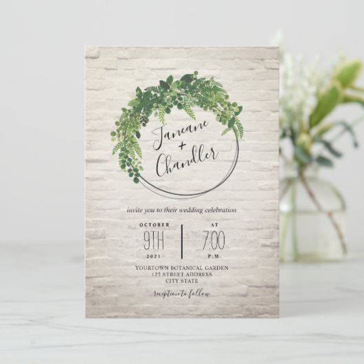 Greenery White Brick Circle Wedding Einladung (Stehend Vorderseite)