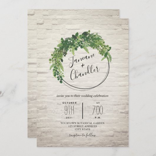 Greenery White Brick Circle Wedding Einladung (Vorne/Hinten)