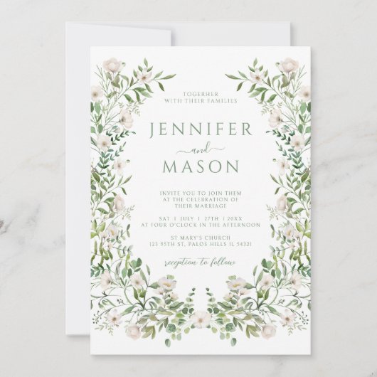 Greenery White Floral Botanical Boho Wedding Einladung (Vorderseite)