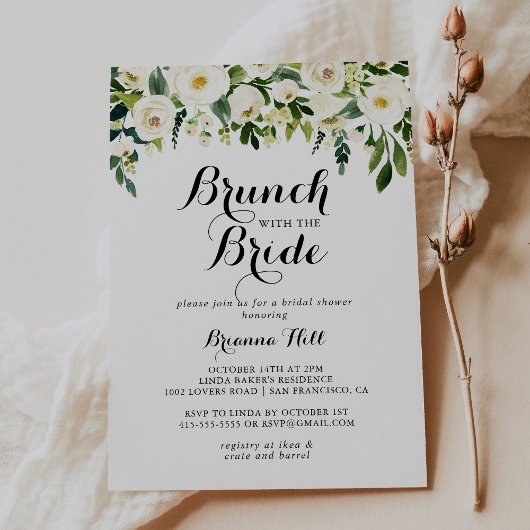 Greenery White Floral Brunch mit Brautdusche Einladung