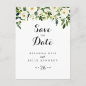 Greenery White Floral Calligraphy Save the Date Postkarte (Vorderseite)