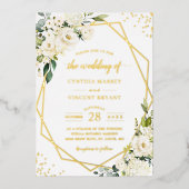 Greenery White Floral Geometric Wedding Real Gold Folieneinladung (Vorderseite)