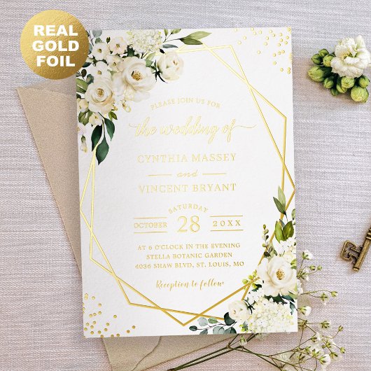 Greenery White Floral Geometric Wedding Real Gold Folieneinladung