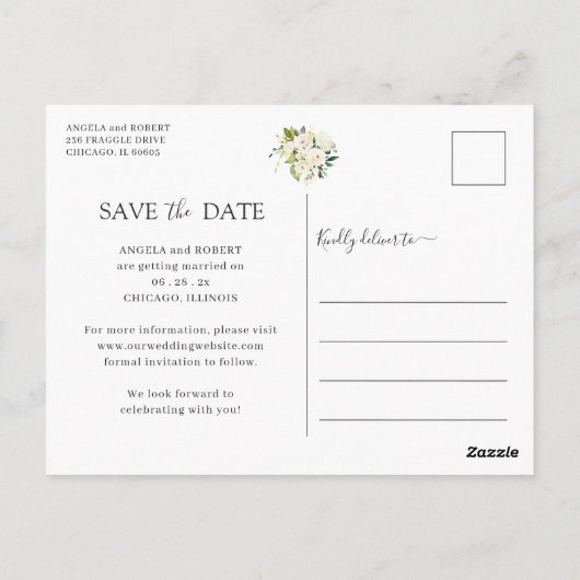 Greenery White Floral Gold Geometric Save the Date Postkarte (Rückseite)