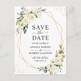 Greenery White Floral Gold Geometric Save the Date Postkarte