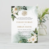 Greenery White Floral Gold Islamische Hochzeit Einladung (Stehend Vorderseite)