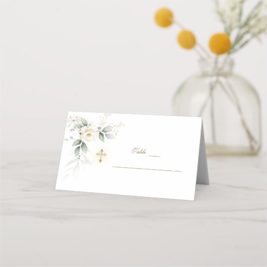 Greenery White Floral Gold Taufe Tischnummer Platzkarte (Vorderseite)