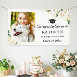 Greenery White Floral Graduation Party Grad Foto Banner