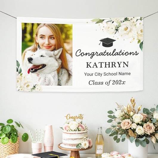 Greenery White Floral Graduation Party Grad Foto Banner