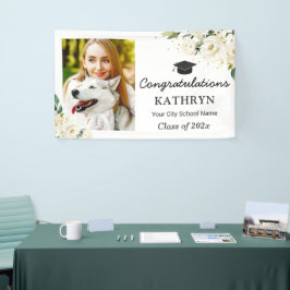 Greenery White Floral Graduation Party Grad Foto Banner
