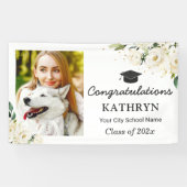 Greenery White Floral Graduation Party Grad Foto Banner (Horizontal)