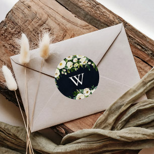 Greenery White Floral Royal Blue Monogram Wedding Runder Aufkleber