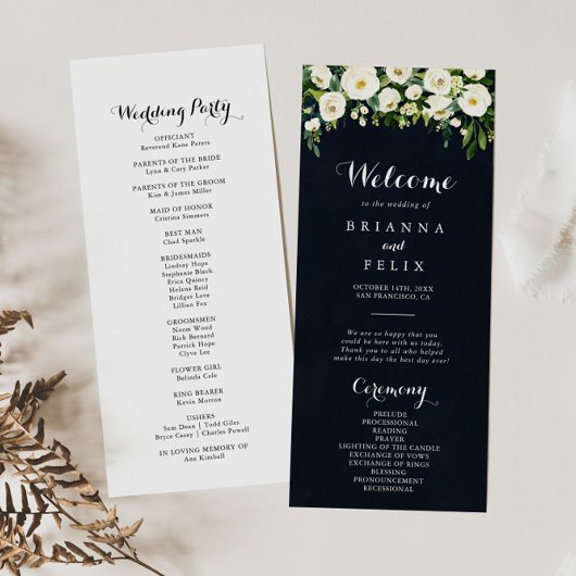 Greenery White Floral Royal Blue Wedding Programm