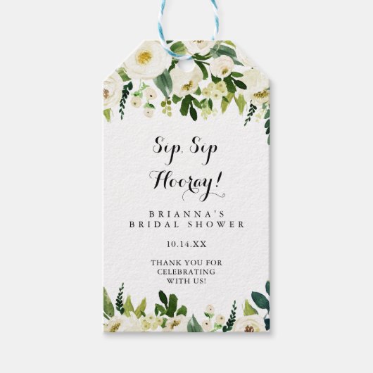 Greenery White Floral Sip Sip Hooray Brautparty Geschenkanhänger (Vorderseite)