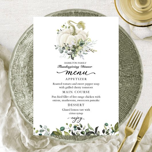 Greenery White Pumpkin Erntedank Dinner Menu Dankeskarte