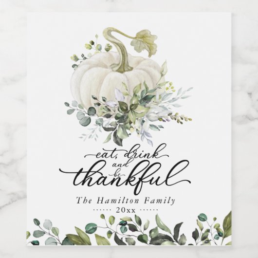 Greenery White Pumpkin Erntedank Weinetikett (Einzelnes Label)