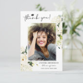 Greenery White Rose Abschluss Foto Dankeskarte (Stehend Vorderseite)