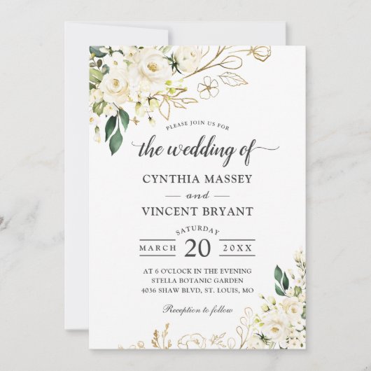 Greenery White Rose Blumengold Blätter Hochzeit Einladung (Vorderseite)