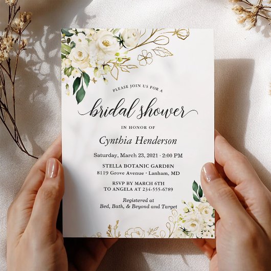 Greenery White Rose Floral Gold Brautparty Einladung