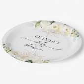 Greenery White Roses Babydusche Papierplatte Pappteller (Schrägansicht)