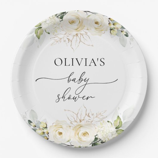 Greenery White Roses Babydusche Papierplatte Pappteller (Vorderseite)