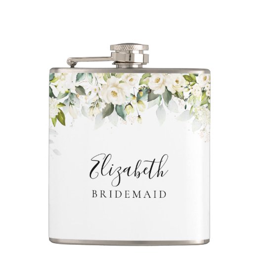 Greenery White Roses Brautparty Flask Flachmann (Vorderseite)
