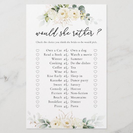 Greenery White Roses Brautparty Game (Vorderseite)