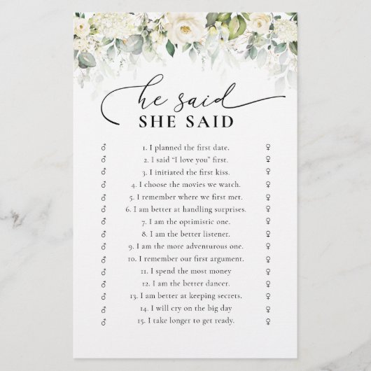 Greenery White Roses Brautparty Game (Vorderseite)