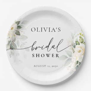 Greenery White Roses Brautparty Paper Plate Pappteller