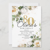 Greenery White Roses & Gold 80th Birthday Einladung (Vorderseite)
