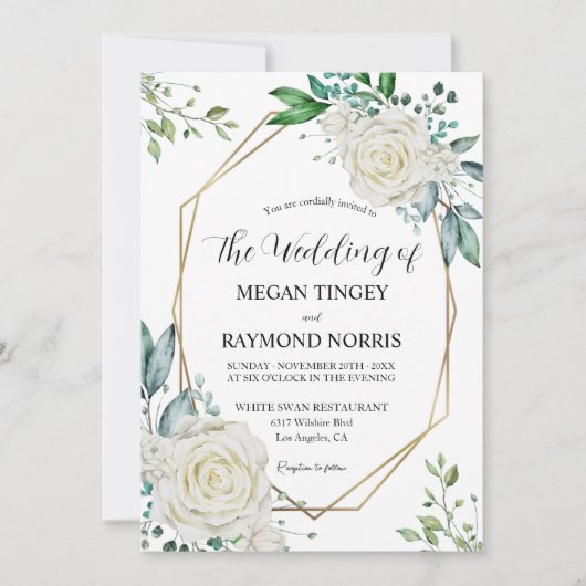 Greenery & White Roses Gold Rahmen Rustikale Hochz Einladung (Vorderseite)