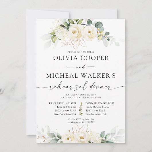 Greenery White Roses Probe Dinner Einladung (Vorderseite)