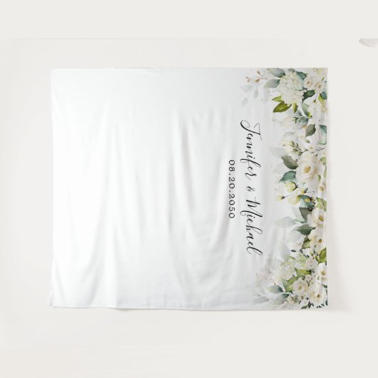 Greenery White Roses Wedding Backdropps Wandteppich (Vorderseite (Horizontal))