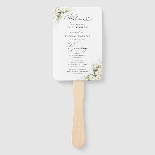 Greenery White Roses Wedding Hand Fan Fächer (Vorderseite)