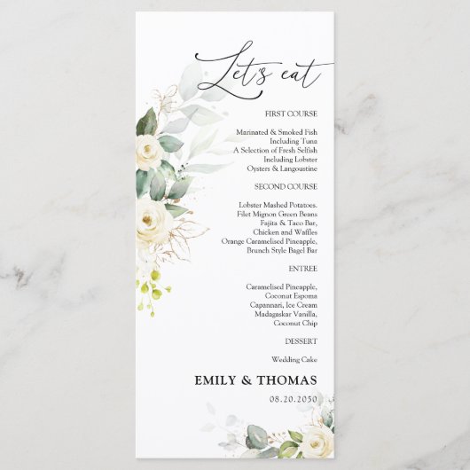 Greenery White Roses Wedding Menü Menükarte (Vorderseite)