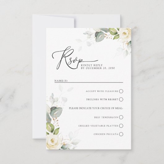 Greenery White Roses Wedding RSVP Card (Vorderseite)