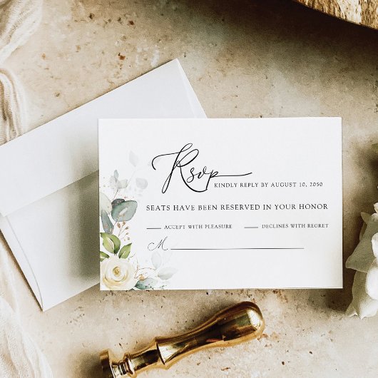 Greenery White Roses Wedding RSVP Card Karte
