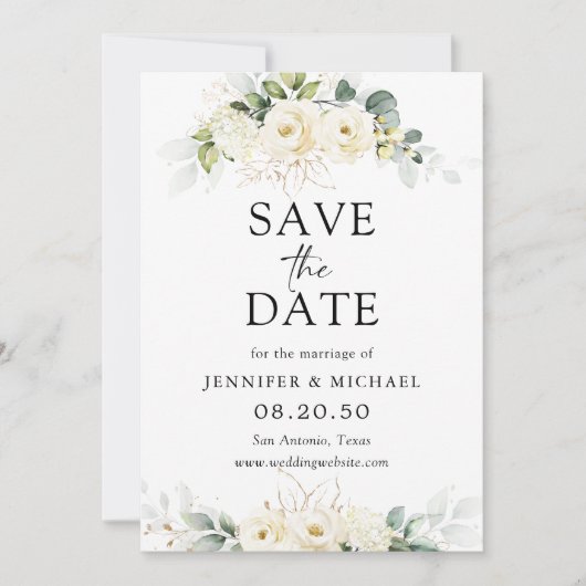 Greenery White Roses Wedding Speichern Sie die Dat Einladung (Vorderseite)