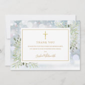 Greenery Winter Baptism Christening Foto Dankeskarte (Vorderseite)