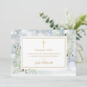 Greenery Winter Baptism Christening Foto Dankeskarte (Stehend Vorderseite)