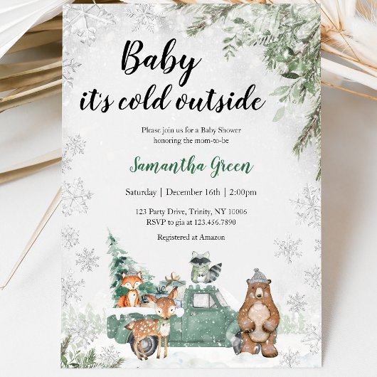 Greenery Winter Woodland Babydusche Einladung
