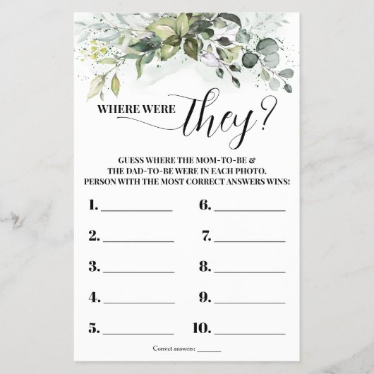 Greenery Wo waren sie Baby Shower Game Card Flyer (Vorne)