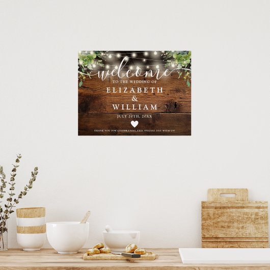 Greenery Wood String Lights Wedding Welcome Sign Poster (Küche)