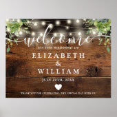 Greenery Wood String Lights Wedding Welcome Sign Poster (Vorne)